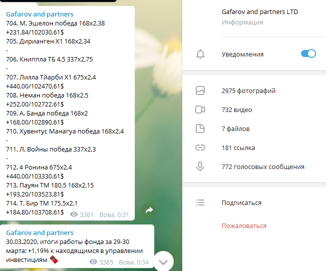 Статистика компании Гафаров и партнёры в телеграм-канале