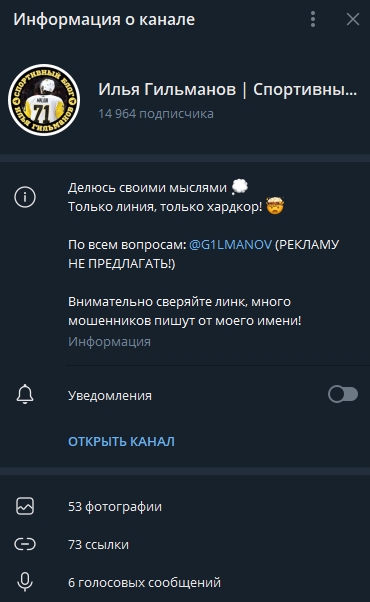 Информация о блоге «Илья Гильманов» в Telegram