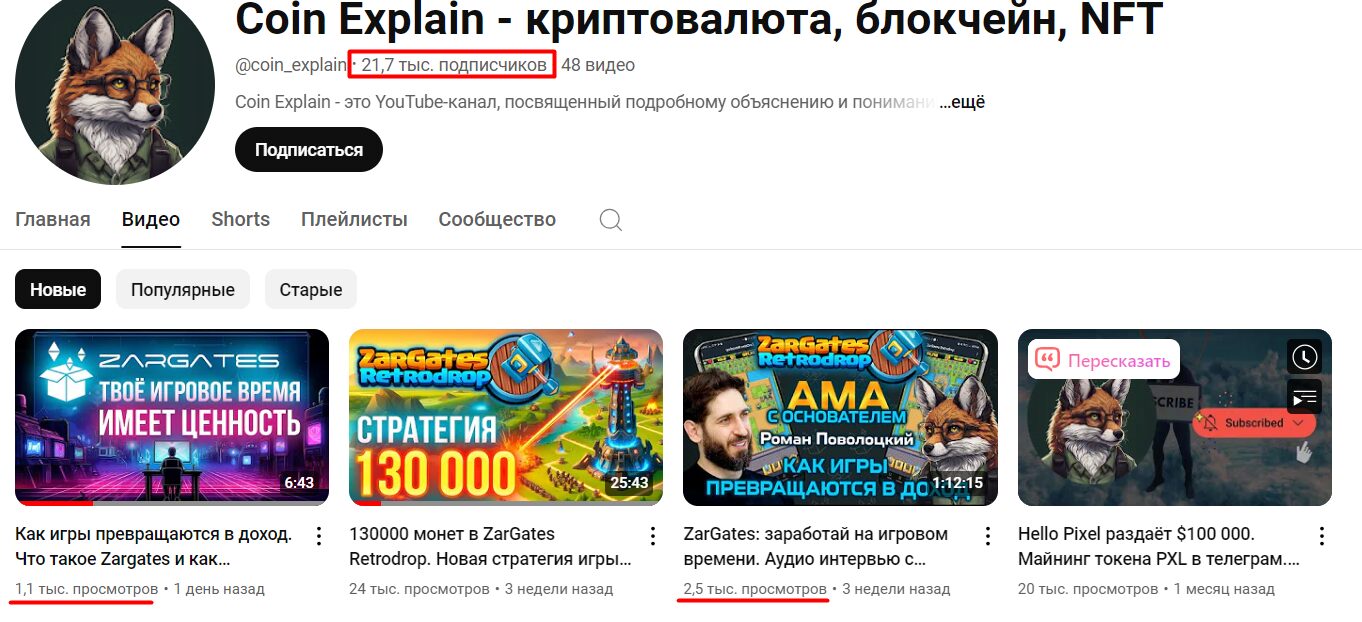 Активность подписчиков в Ютуб-канале Coin Explain